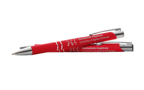 Roter Kugelschreiber mit Soft Touch der Hochschule Augsburg